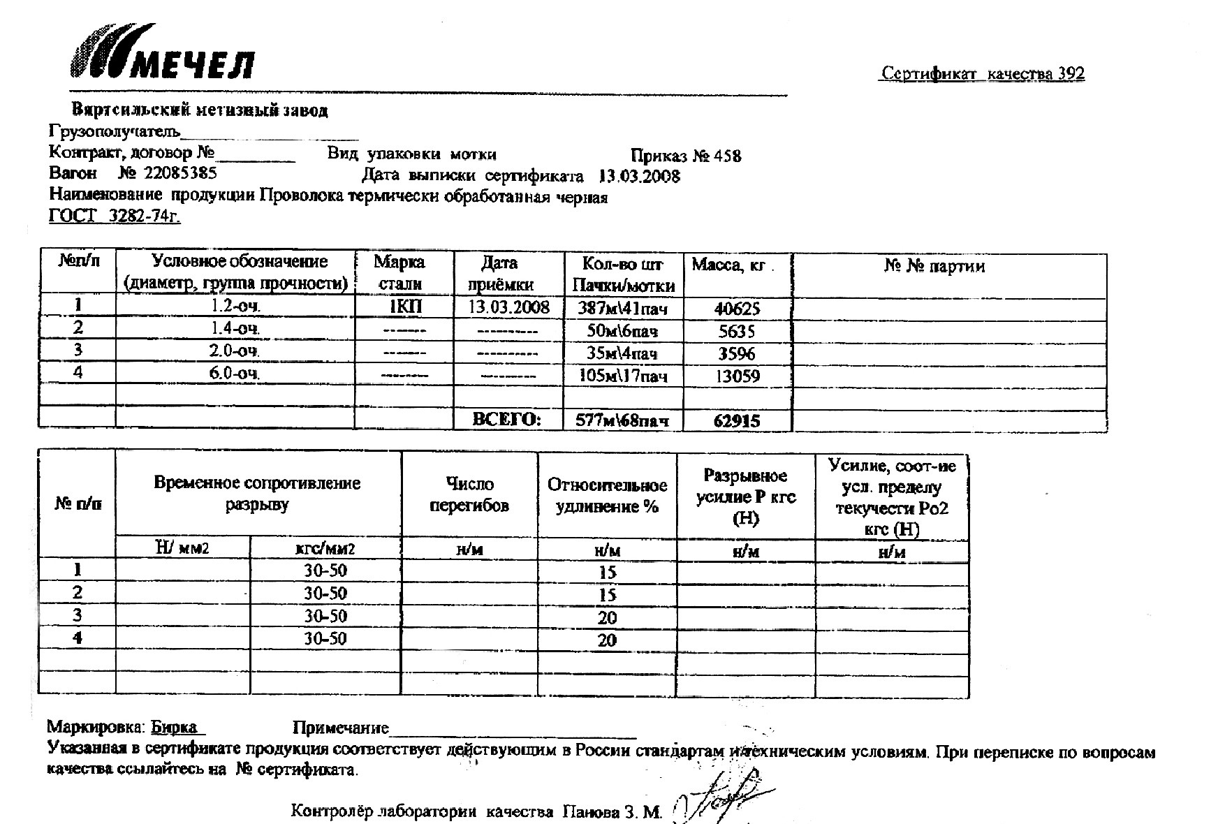 Сертификат на проволоку черную термически обработанную 1,4 от 2008-03